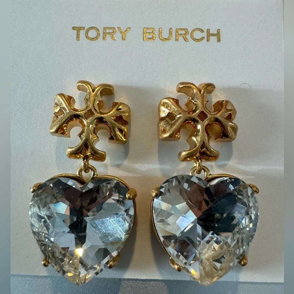Tory Burch New Roxanne Crystal Brass Heart Drop Earrings
